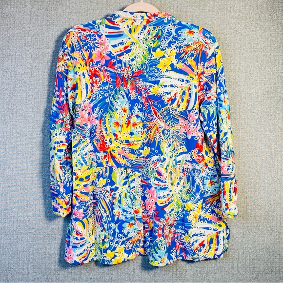 John Mark XL Multicolor Floral Embroidered Eyelet Roll Tab Sleeve Button Down - Picture 7 of 8